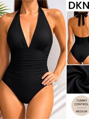 DKNY Black Halter One Piece Swimsuit Tummy Control Plunge Medium NWT